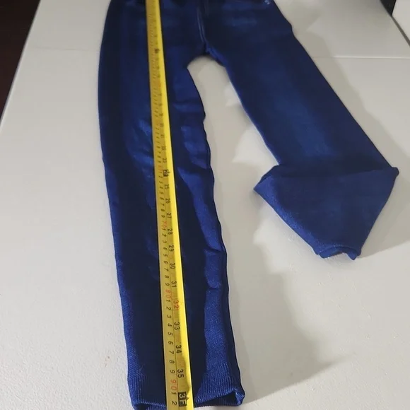Womens Leggings Large Stretchy Blue Denim-Look Faux Pockets White Stitching - Picture 5 of 8